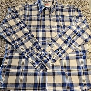 Wrangler‎ Western Shirt Men's XL Extra Large Blue Plaid Long Sleeve Button Up